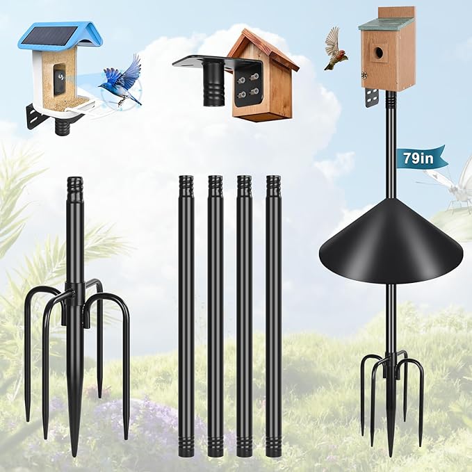 Gtongoko Smart Bird Feeder Pole Squirrel Proof 79 Inch Bluebird House Pole for Outdoors Squirrel Baffles for Feeders Weather Station Heavy Duty Metal Mounting Kit Black