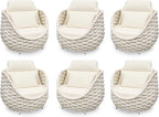 Patio Accent Chairs Set of 6: Aluminum Porch Lounge Chair with Arms - Woven Rope Cushioned Armchair - Modern One Seater Sofa - Outdoor Deck Furniture for 400lbs Balcony Yard Garden Hotel, Beige