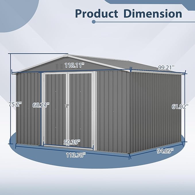 10X8 FT Outdoor Storage Shed W/Lockable Doors,Metal Shed W/Sloped Roof & Air Vents,All Weather Garden Tool House for Backyard Patio Lawn,Gray