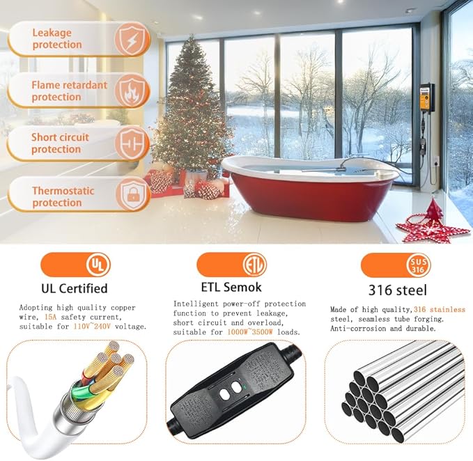 240V 3000W Portable Fully Submersible Electric Pool and Hot Tub Immersion Water Heater with Gfci Plug, Thermostat for Bathtub, Baptistry, Baptismal, Inflatable, Swimming Above Ground Pools