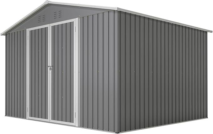 10X8 FT Outdoor Storage Shed, All Weather Metal Sheds withLockable Doors, Tool Shed for Garden, Patio, Backyard, Lawn, Grey