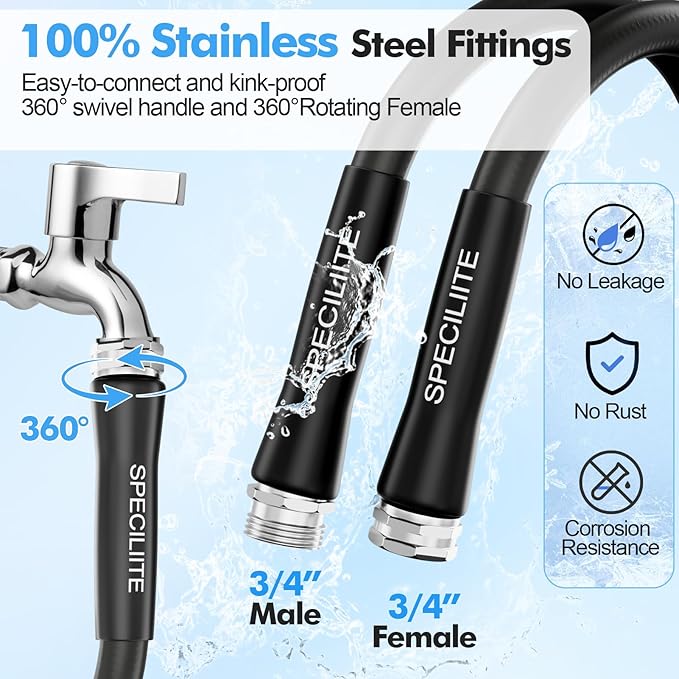 SPECILITE 5/8" Hot/Cold Water Hose 150 ft with High Flow Nozzle,Heavy Duty Flexible Rubber Garden Hose -50℉ to 158℉ With 3/4" Stainless Steel Fittings for Yard, Outdoor, Farm, Lightweight, Black
