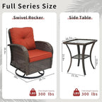 3 Pieces Patio Furniture Set, Outdoor Swivel Rocking Chair Set of 2 with Side Table - 360° Swivel, Thick Cushions, All-Weather Bistro Set for Deck, Porch, Pool(Red, Brown Full-Weave Rattan)