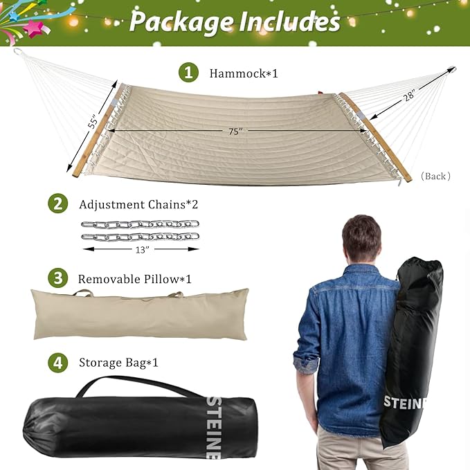 Double Hammock, 11 FT Quilted Fabric 2 Person Hammock for Outside with Pillow, Folding Curved Spreader Bar, Chains, Carrying Bag, Indoor Outdoor, 450 IB Capacity, Aqua Green