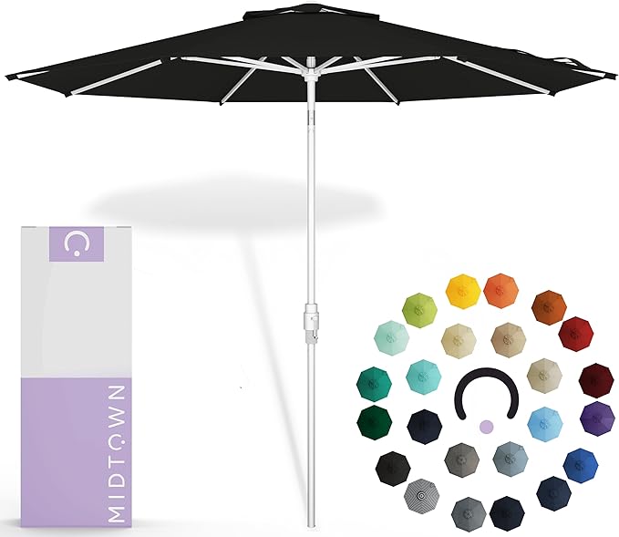 Midtown Umbrellas The Swilt 9 Feet Patio Umbrella in Sunbrella Black Acrylic Fabric - Fiberglass Ribs, Auto-Tilt Aluminum Frame For Backyard, Deck, Garden, Pool - White Pole