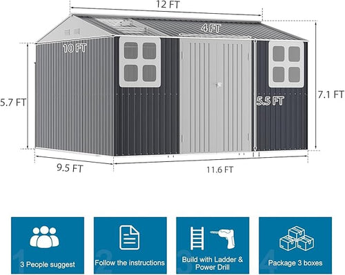 10x12 FT Metal Outdoor Storage Shed with Base Frame, Reinforced Frame Heavy Duty Large Waterproof Garden Tool Sheds with Unique Skylight Windows Air Vent for Patio Yard，Dark Grey