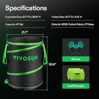 VIVOSUN 47-Gallon Collapsible Trash Can, Reusable Pop-Up Garden Bag with Hard-Shell Bottom, Leaf Scoops and Gloves, Yard Waste Container for Lawn Care and Camping
