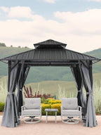 12' x 12' Hardtop Gazebo, Aluminum Frame Patio Hardtop Gazebos with Netting and Curtain, Outdoor Patio Pergola, Outdoor Patio Gazebo with Double Metal Roofs for Lawns, Garden, Deck, Slate Gray