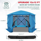 COBlZl Pop Up Gazebo 12x12 Screen House Tent for Camping, Outdoor Instant Stargazing Gazebo Canopy with Awning 2.0, Portable Hub Tent with Removable Sidewalls,Pavilion for Backyard,Blue