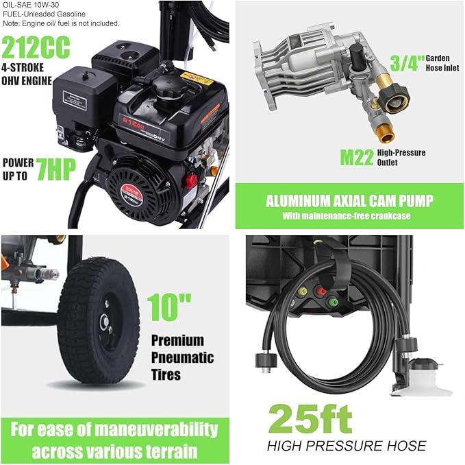 4200 PSI Gas Pressure Washer, 4.0 Max GPM 212CC 7HP Commercial Gas Power Washer, Spray Gun and Wand, 5 Nozzle Set, for Cars/Fences/Driveways/Homes/Patios/Furniture (Black)