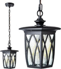 12'' Outdoor Pendant Light Fixture, Exterior Hanging Lantern, Modern Black Metal Outside Chandelier Light Fixture Ceiling Mount with Water Ripple Glass & Adjustable Chain for Porch, Gazebo, Front Door