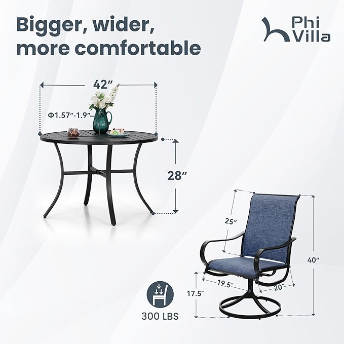 PHI VILLA 5 Piece Patio Dining Set with 4 Outdoor Swivel Dining Chairs & 1 Large Round Dining Table, All Weather Blue Textilene Mesh Fabric Chair and Round Metal Table for Deck Lawn Garden