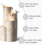 Glitzhome 31.75" H Outdoor Water Fountain with LED Lights and Pump, 4 Tier Dandelion Texture Vase Shaped Ceramic Floor Standing Fountain with Birds for Porch Deck Garden Patio Backyard, Sand Beige