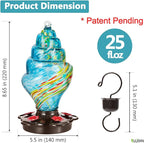 Spiral Shaped Hummingbird Feeder for Outdoors, Hand Blown Glass, 25 fl.oz, Leak Proof & Rustproof, Includes an Ant Moat, Metal Cover with 5 Feeding Ports & 5 Perches, Blue