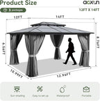 Aoxun 12'x14' Hardtop Gazebo, Aluminum Frame Permanent Pavilion with Curtains and Netting, Outdoor Polycarbonate Double Roof Canopy, Designed for Garden, Lawns, Patio, Gray