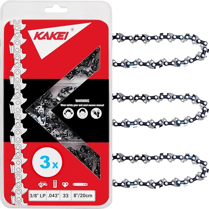 KAKEI 8 Inch Chainsaw Chain 3/8" LP Pitch .043" Gauge 33 Drive Links Fits Ryobi P4361, P5452, Greenworks 20142, Milwaukee M18 FUEL 3004, Poulan 810 EPT, Worx WG349 and More (3 Chains) - Semi Chisel