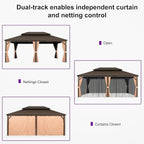 PURPLE LEAF 14' X 20' Outdoor Hardtop Gazebo Patio Wide Aluminum Frame Metal Double Roof with Heavy Duty Netting and Curtains for Permanent Hard Top Pavilion Screen, Khaki