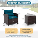 ORALNER 3 Pieces Patio Furniture Set, Outdoor Wicker Conversation Set Rattan Chairs with Cushions, Glass Coffee Table, Bistro Set for Front Porch Balcony Garden Deck Poolside (Peacock Blue)