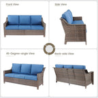 Outdoor Wicker Patio Furniture Set - 5 Piece Outside Rattan Conversation Bistro Sofa Sets with Wicker Chairs, 3-Seat Couch and Ottomans for Porch Balcony Yard Fireplace – Brown/Blue