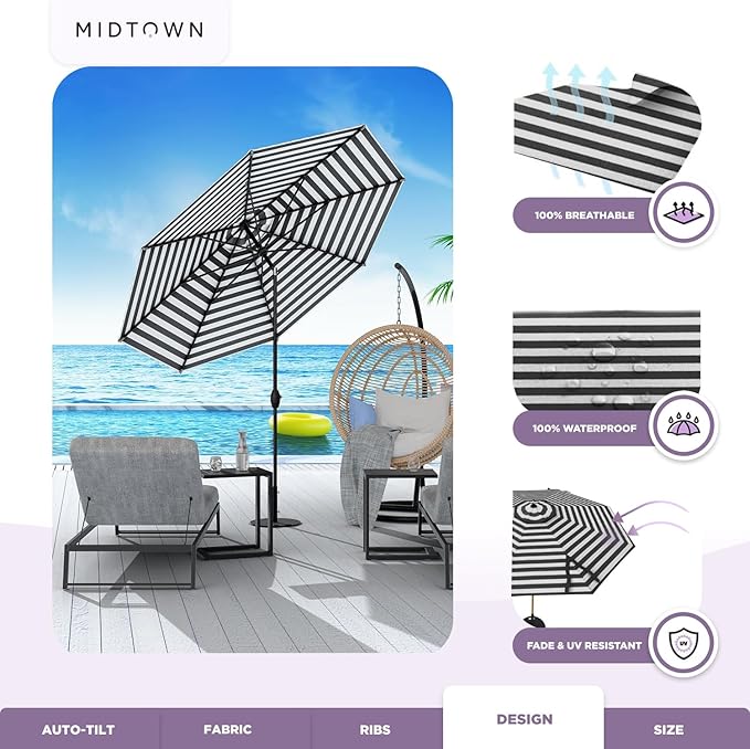 Midtown Umbrellas 10-Year-No-Fade - 9 Ft - UV Proof Zebra Stripes Polyester Fabric - Umbrella Outdoor Patio, Auto-Tilt Aluminum Frame Patio Umbrella for Garden, Pool & Deck - Black Pole