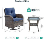 Outdoor Swivel Glider Rocker Chairs - 3 Piece Patio Furniture Set, Patio Bistro Sets with Tempered Glass Side Table, for Balcony, Porch - Brown Wicker, Blue Cushion