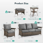 6 Pieces Wicker Patio Furniture Set - Hollow Widen Armrests 3 Seat Outdoor Sofa & Comfy Chairs with Side Table & Ottomans, Small Patio Convention Set for Deck and Backyard - Brown/Gray