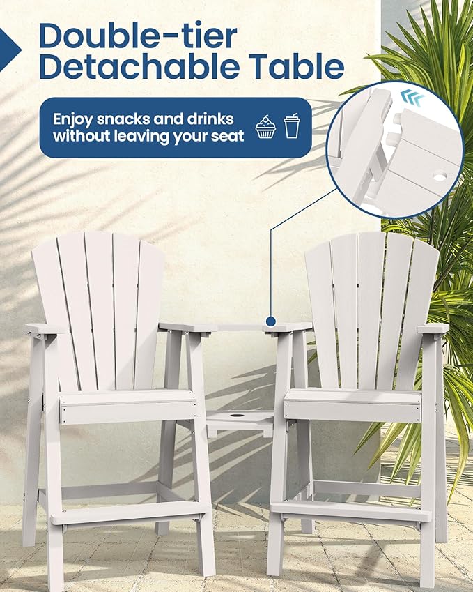Ciokea Tall Adirondack Chairs Set of 2, HDPE Outdoor Adirondack Bar Stools with Double Connecting Tray, Weather Resistant High Back Adirondack Balcony Chairs for Deck, Lawn, Pool, Backyard, White