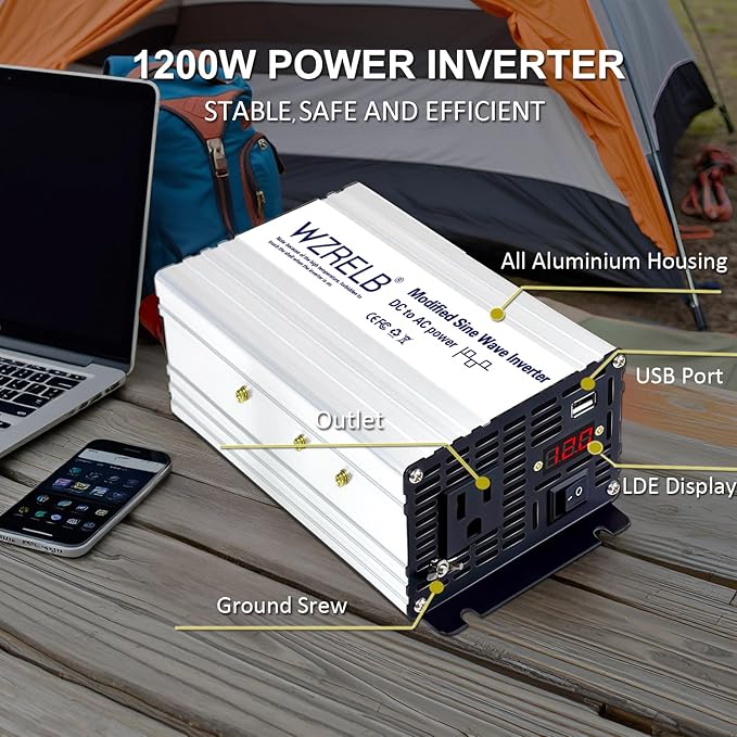 WZRELB 500W Power Inverter 12V DC to 110V 120V AC,Modified Sine Wave Car Inverter for Vehicles with LED Display,5V/2.4A USB Port,Soft Starter,Off-Grid Power Converter with High Efficiency up to 90%