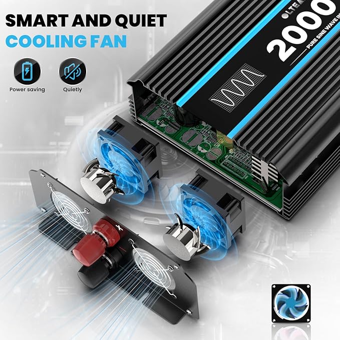 2000 Watts Pure Sine Wave Inverter 12V DC to 110/120V AC Power Inverter with 2 AC Outlets, 3.1A USB Port, LCD Display, Remote Controller, Car Power Converter for Truck, Home, Vehicles, Boat