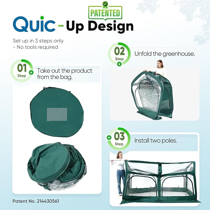 Quictent Premium Greenhouse with Screen Window, Portable Fast-up Plant Greenhouses for Outdoors with Heavy Duty Pop-up Fiberglass Frame Durable Waterproof Cover, 98.4x49.2x52.8 Inch, Green