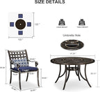PURPLE LEAF 5 Pieces Patio Dining Set Cast Aluminum Patio Furniture with 4 Armchairs and 47" Round Table, Pillow Included, for Lawn Yard Garden Oudoor Dining Set, Navy Blue