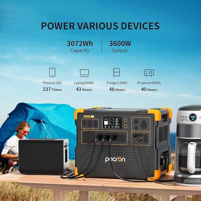 PECRON Two E3600LFP Portable Power Station with 240V Double Voltage Hub and Eight Extra Batteries, 3072Wh Power Station, 3600W LiFePO4 Battery Backup, Solar Generator for Home Use, RV, Camping