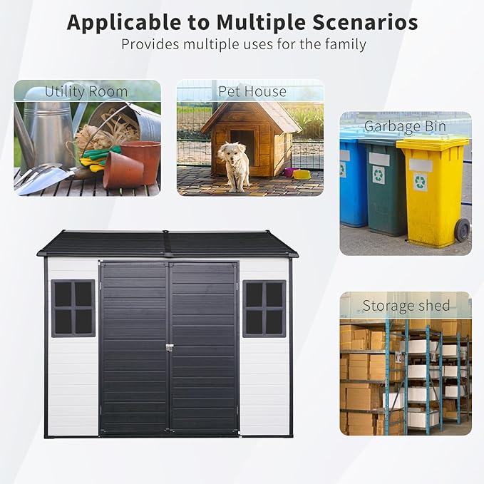 8x6 ft Resin Outdoor Storage Shed with Two-Window and Double-Door, Plastic Shed with Floor for Gargen, Patio, Yard, Lawn, Grey (1 Doors) (Grey White, 8x6 ft)