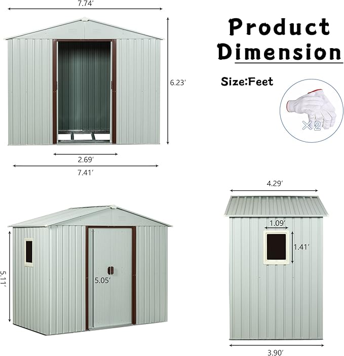 4x8 FT Outdoor Storage Shed, Metal Garden Shed with Frame Floor, Outside Tool Shed with Window, Waterproof Storage Building with Lockable Sliding Doors & Sloped Roof for Backyard, Patio, White