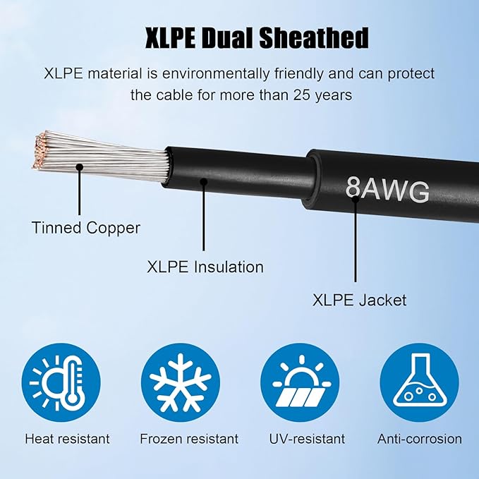 8 AWG Solar Cable 20FT Red + 20FT Black Tinned Copper Wire, 8 Gauge Solar Panel Wire for RV, Automotive, Trailer, Marine, Outdoors