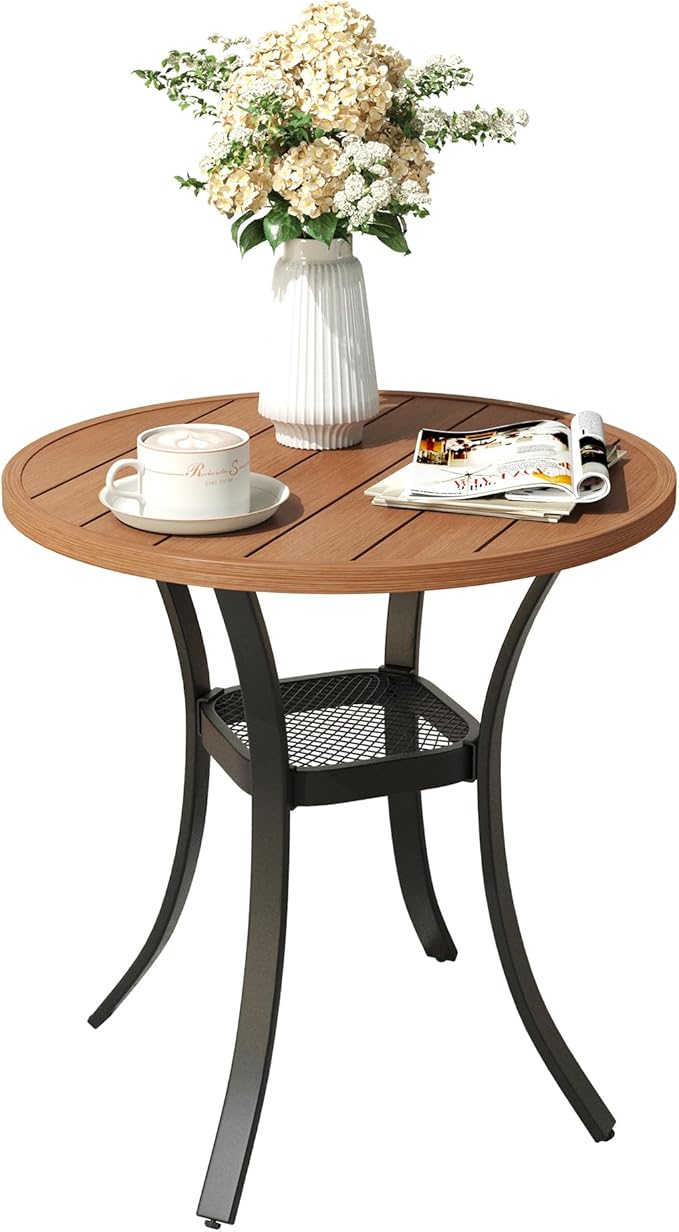 VICLLAX Round Patio Dining Table, Metal Outdoor Bistro Table with Storage Shelf for Balcony Garden Deck, 27.6 Inch Walnut
