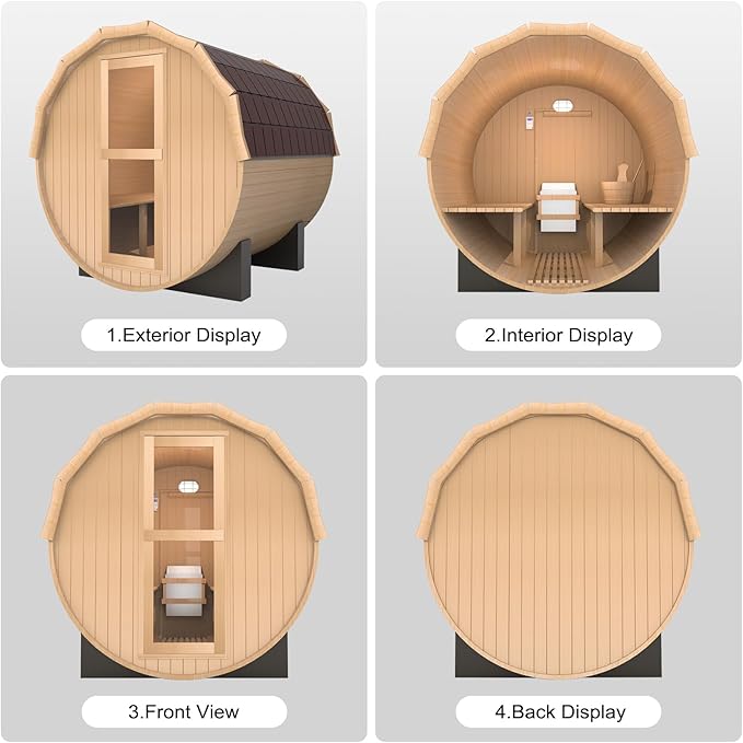 Outdoor Barrel Steam Sauna, 4-6 Person Wood Sauna Room with 6kw Toule Electric Heater with Sauna Stone, Canadian Red Cedar Wooden Sauna, Sauna Accessories and Asphalt Shingle Roof (Red Cedar)