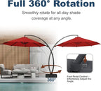 11FT Cantilever Umbrella with Base Large Curvy Outdoor Aluminum Offset Umbrella w/ 360° Rotation, UV Resistant Canopy for Patio, Garden, Backyard, Red