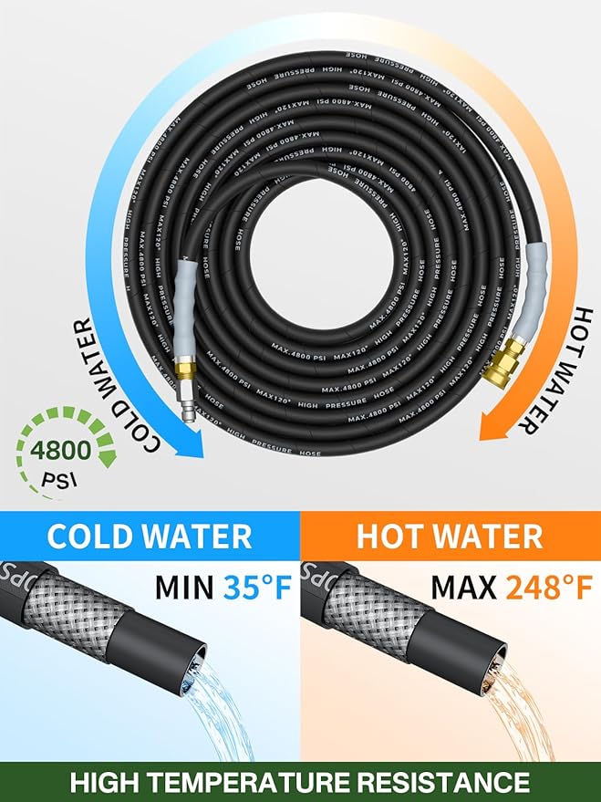 3/8" 4800PSI Pressure Washer Hose 150FT with Swivel Quick Connect for Cold/Hot Water Max 248°F, Kink Resistant Steel Wire Braided, Wear Resistant Power Washer Hose with M22 14mm Adapter