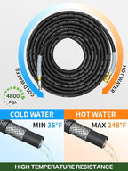 3/8" 4800PSI Pressure Washer Hose 125FT with Swivel Quick Connect for Cold/Hot Water Max 248°F, Kink Resistant Steel Wire Braided, Wear Resistant Power Washer Hose with M22 14mm Adapter