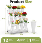 Flower Display Stand 3 Layers with 12 PCS Round Buckets, Plant Stand with Wheels, Movable Metal Plant Stand for Terrace Garden, Florist Shop