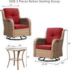 HUMMUH 3-Piece Swivel Rocking Rattan Chair Outdoor, Patio Bistro Furniture Conversation Set, Cushioned Wicker Chair with Glass Coffee Table(Yellow,Red)