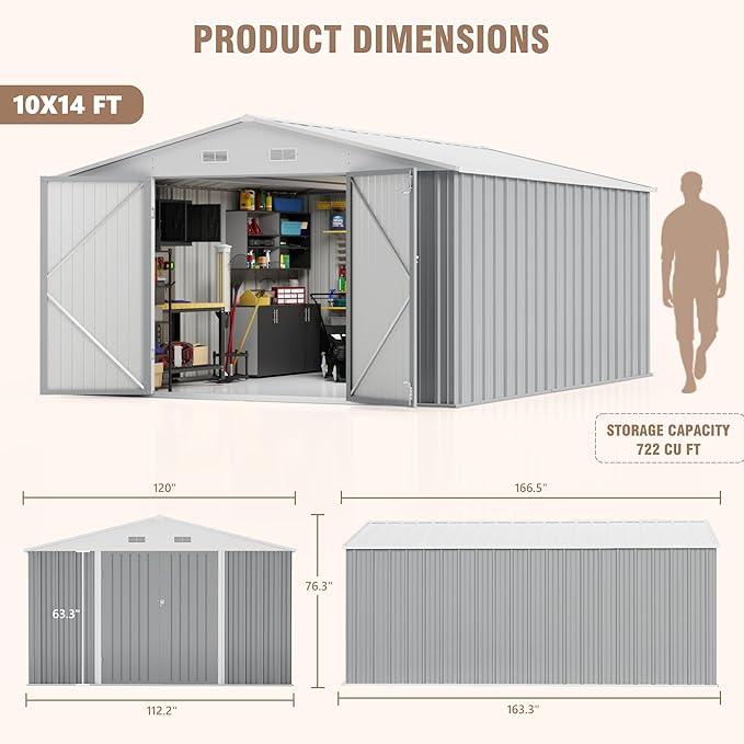 Greesum 10×14 FT Outdoor Storage Shed, Metal Storaged Sheds Without Floor, Tool Sheds with Lockable Doors and Sloping Roof for Garden, Patio, Backyard, Gray