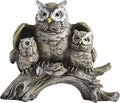 Resin Owl Statue with Spread Wings - Outdoor Garden, Patio, Office Decor Figurine: Family Parent & Two Baby Owls on Base (Grey-Black)