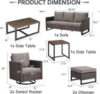 7 Piece Wicker Patio Furniture Set - Outdoor Swivel Rocker Chairs Set with Coffee Table, Side Table, 3 Seat Sofa & Ottomans, Small Patio Conversation Sets for Balcony Deck - Brown/Grey