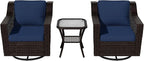 Vista Vibe 3 Pieces Outdoor Patio Conversation Furniture Set - 360 Degree Swivel Glider Rocker Chairs | Wicker End Table, Washable Cushions, Hand-Woven PE Rattan, Lawn, Sunroom (Brown/Navy)