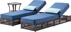 Luxury Outdoor Chaise Lounge Chairs of 2 with 5 Inch Thick Cushions and Side Table - 3 PCS High Back Brown Wicker Patio Recliners Lounger Furniture Set for Poolside Sunbathing - Navy Blue