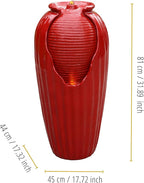 Teamson Home Glazed Vase Floor Freestanding Water Fountain with LED Lights and Pump for Outdoor Patio Backyard Deck Plant Garden Décor, 32 Inch Height, Red