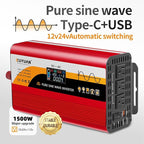 1500W Pure Sine Wave Inverter (3000W Peak), 12V/24V Auto-Detect, 50Hz/60Hz Switchable, LCD Display, Type-C Fast Charging, Silent Design, Overload & Overheat Protection for RV, Home (RED-1500W)