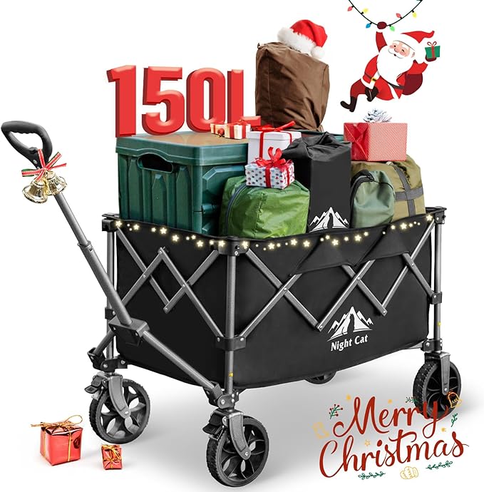 Night Cat Collapsible Wagon for Camping: 150L Garden Gart with Wheels Heavy Duty - Folding Utility Wagon for Outdoor